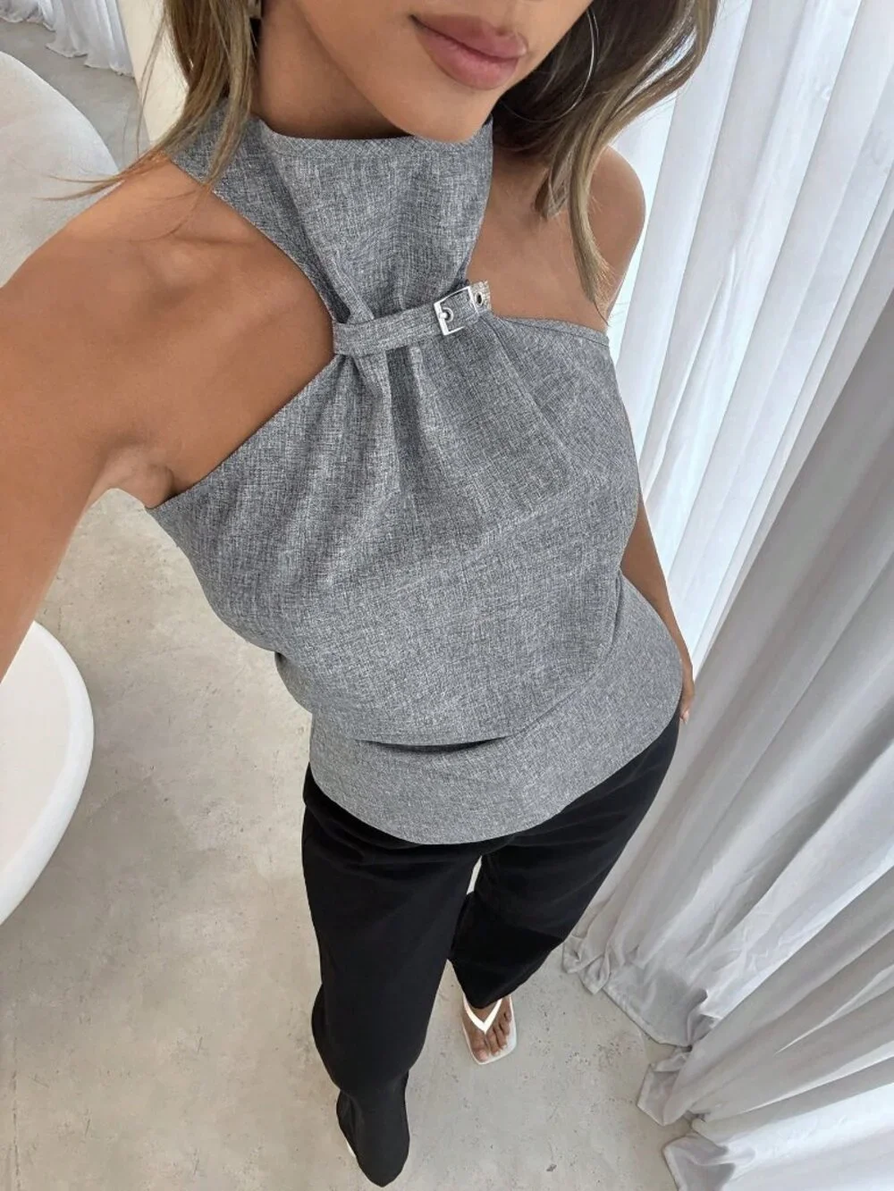 Gray Casual Women's Sleeveless High Neck With Gathering Front Detail - Picture 1 of 11